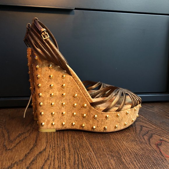 Gucci Brown Leather Studded Cork Wedge Sandals - Picture 7 of 12